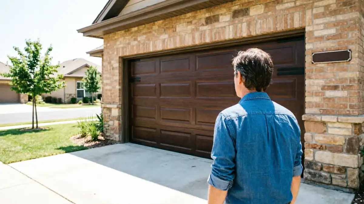 A person in a blue shirt stands in front of a brown garage door.
