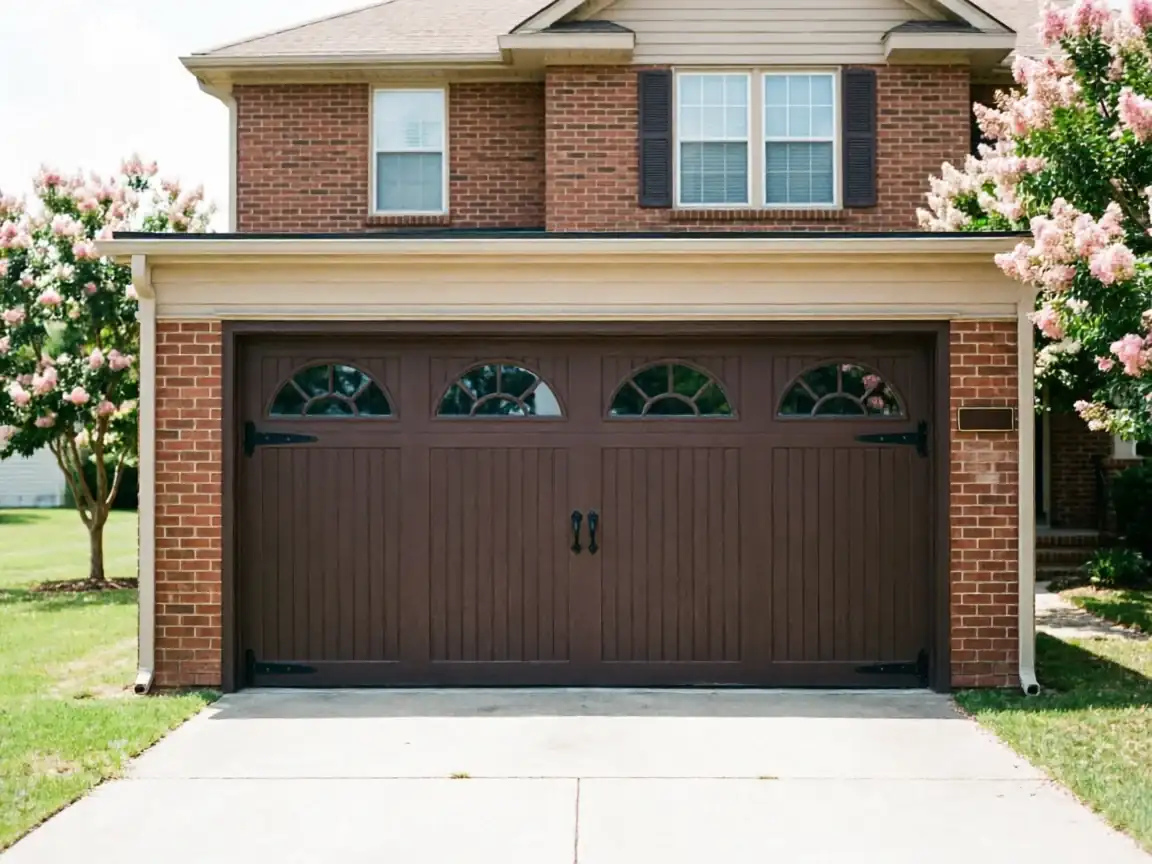 A brown garage door with decorative windows and hardware is on a brick house.