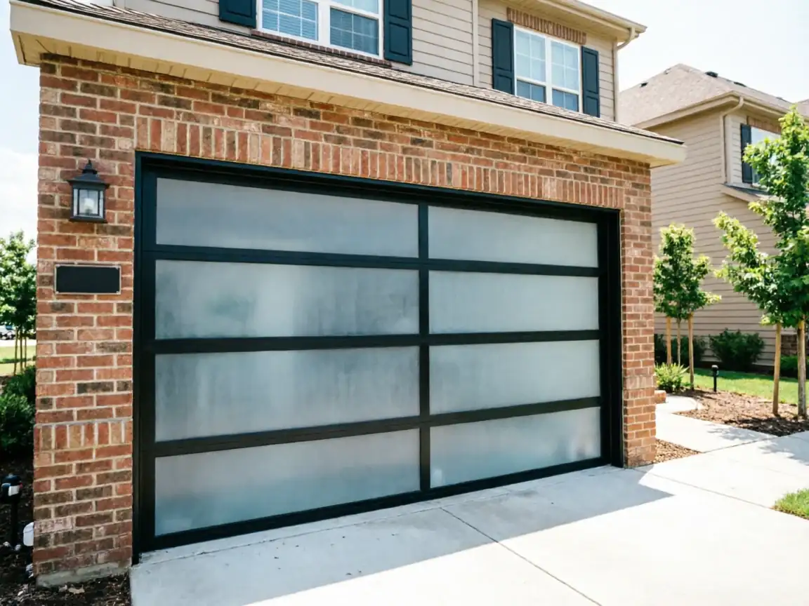 A modern garage door with frosted glass panels on a brick house.