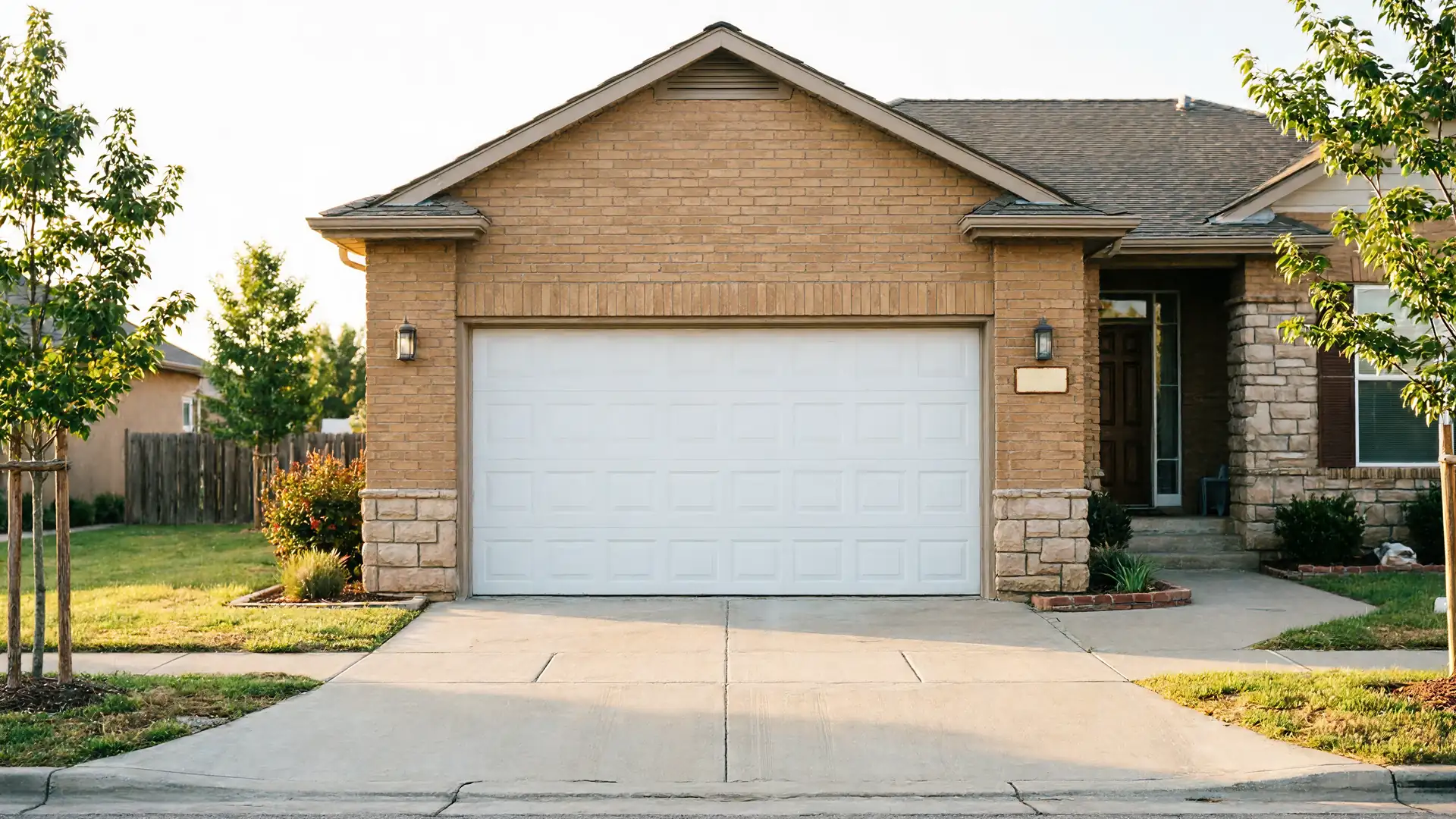 A tan brick house has a white garage door and a stone entryway.