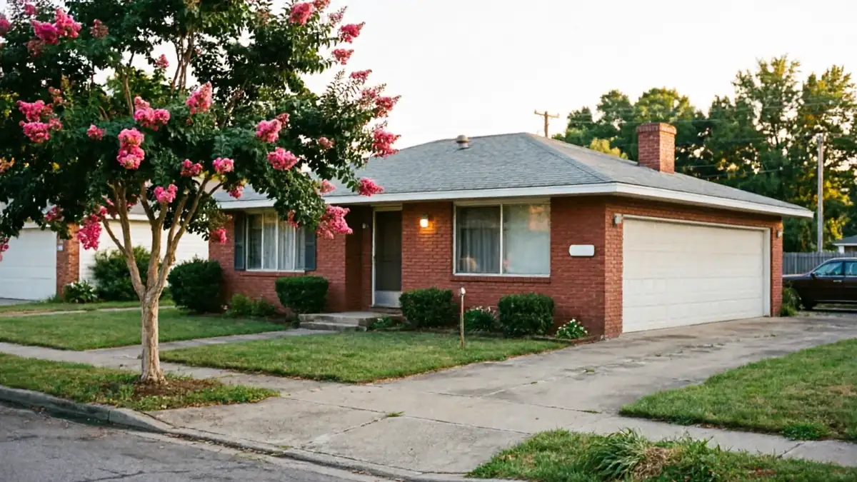 A red brick house has a white garage door and a pink flowering tree.