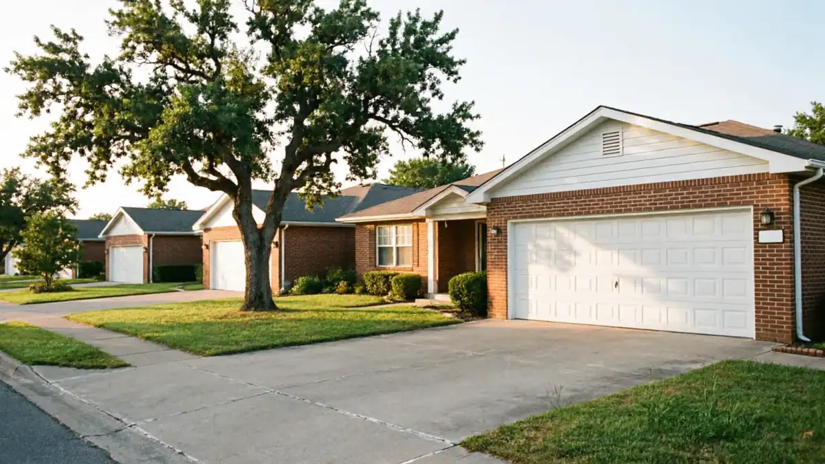 A row of brick houses with white garage doors and green lawns.