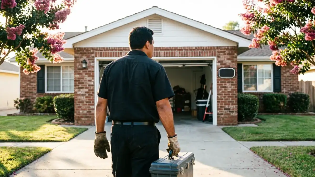 A technician with a toolbox walks toward an open garage door of a brick house.