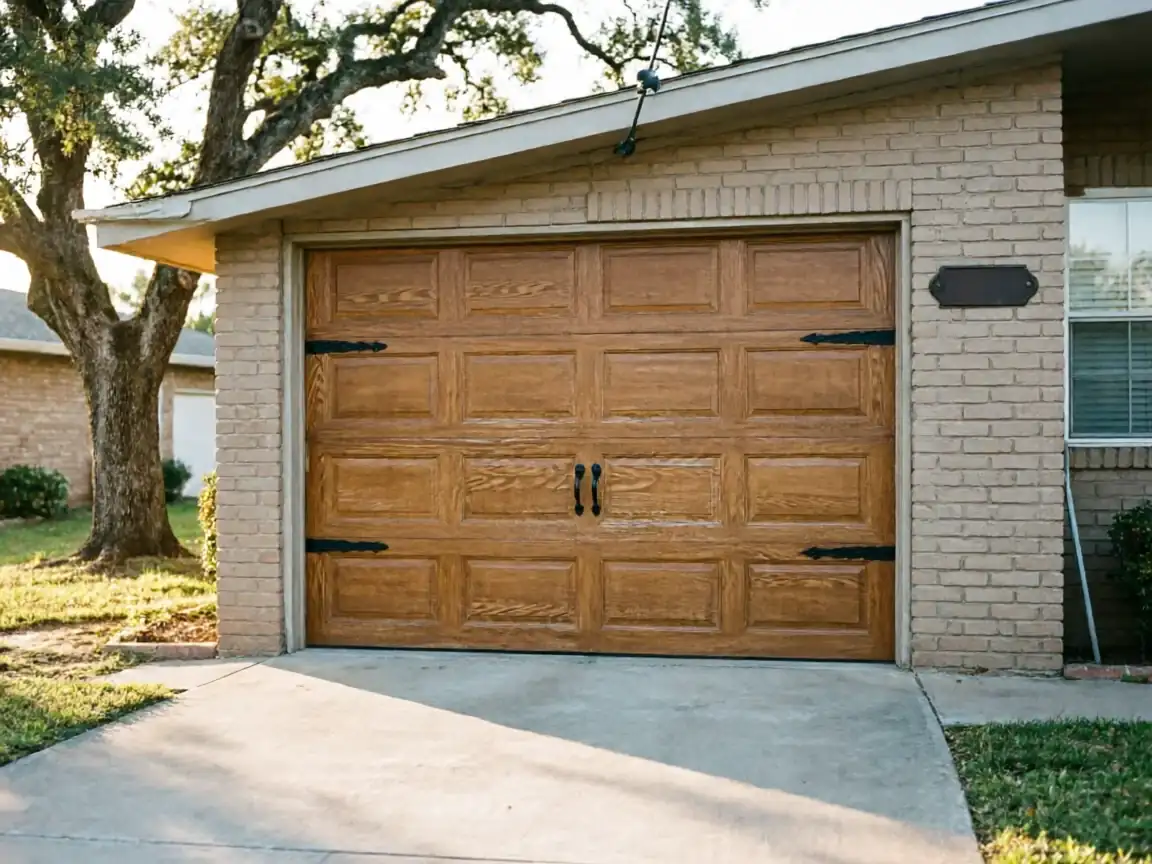A brown wooden garage door with black decorative hardware on a brick house.